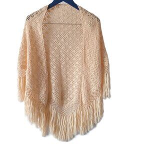 Unique Vintage Handmade Shawl Ivory Crochet Tassled Cozy Soft One Size